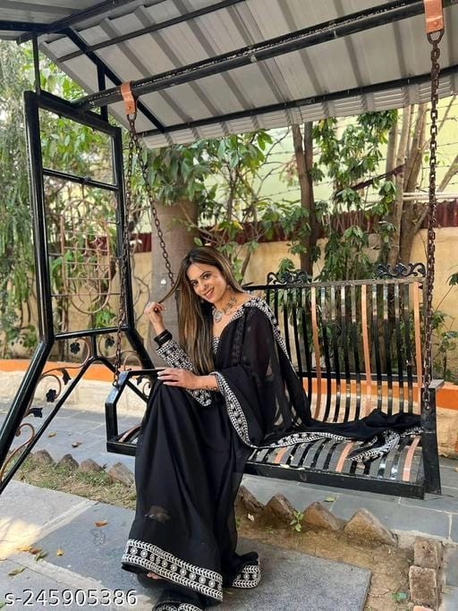 Black Georgette Saree with All-Over Embroidery and Matching Blouse – Available