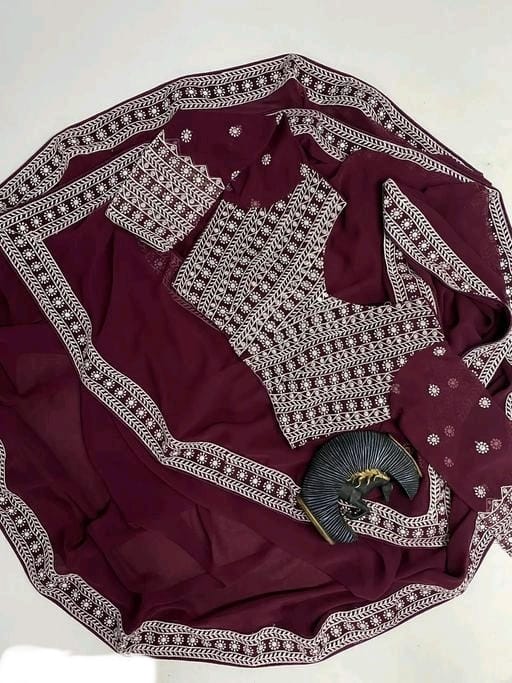 Wine Heavy Georgette Saree with Embroidery Work