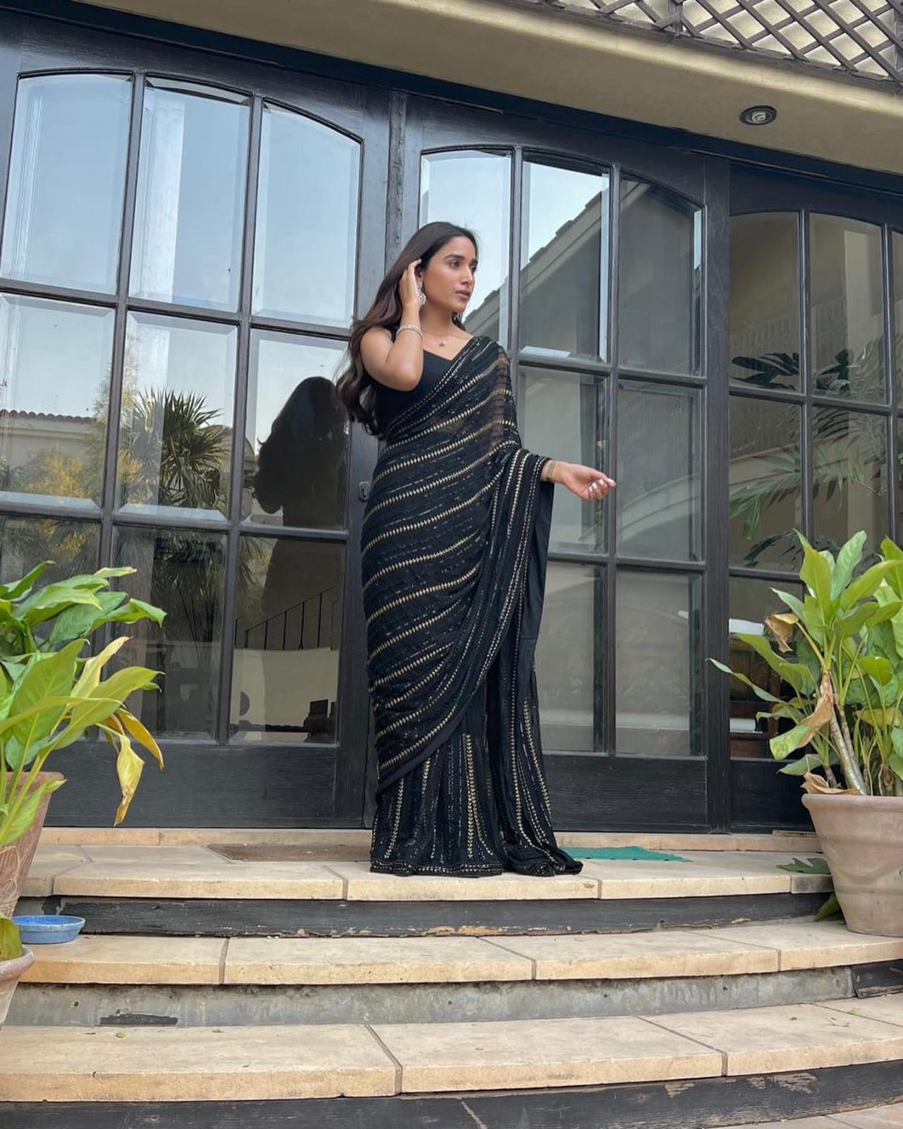 Black Georgette Saree with Sequins Work, Lace Border and Piping