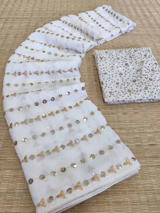 White Fox Georgette Saree with Embroidery Sequence and Piping