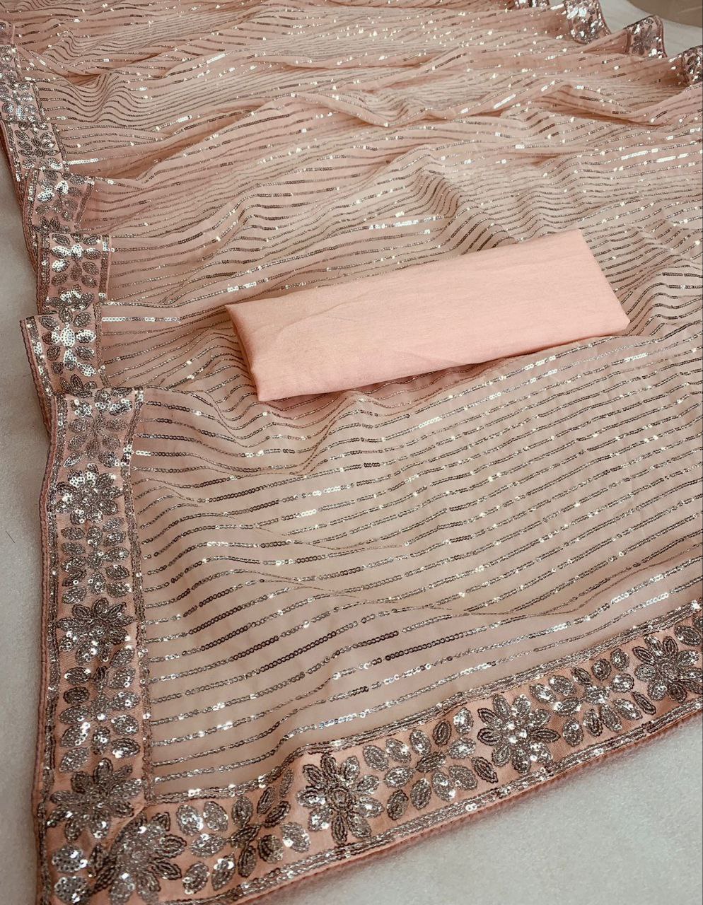 Red Georgette Saree with Embroidery Sequence and Sequence Lace