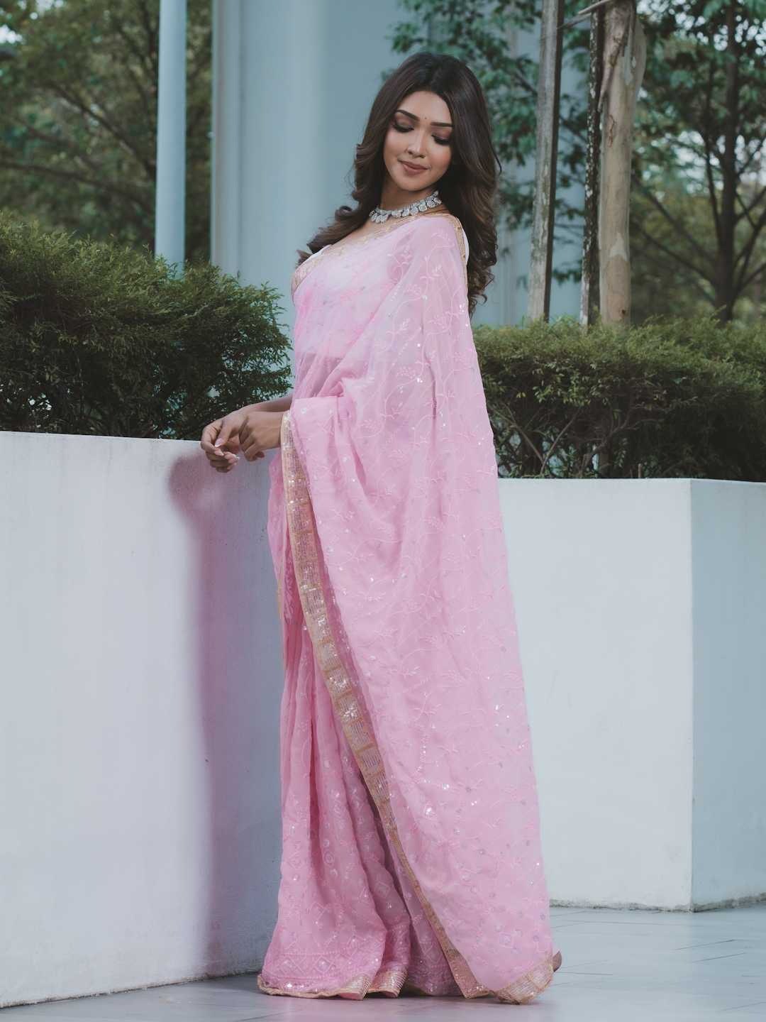 Light Pink Georgette Saree with Embroidery Sequence and Lace
