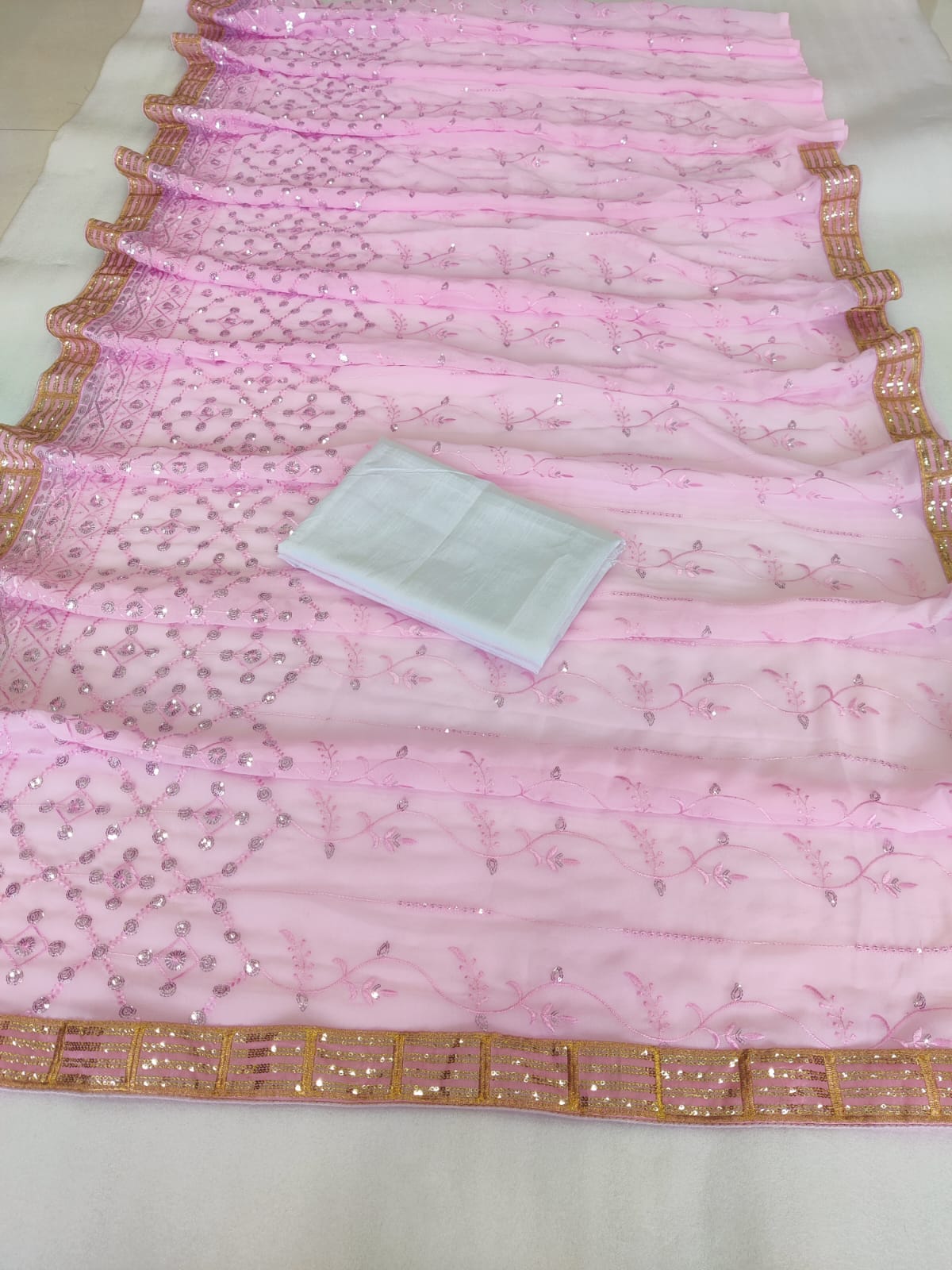 Light Pink Georgette Saree with Embroidery Sequence and Lace