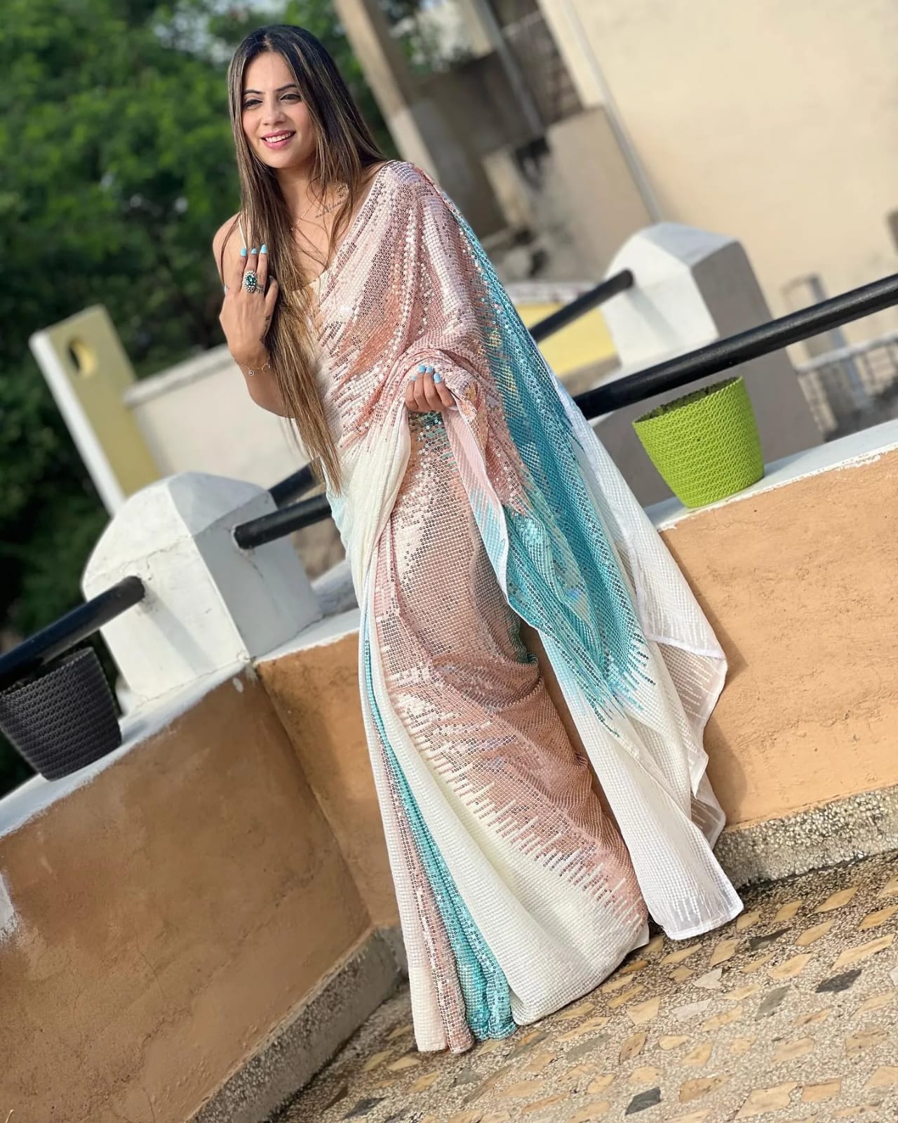 Sky Blue Georgette Saree with Shaded Sequins and Sequins Blouse – Available