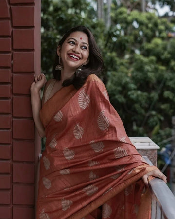 Reddish Brown Banarasi Soft Silk Saree with Copper Jari Weaving