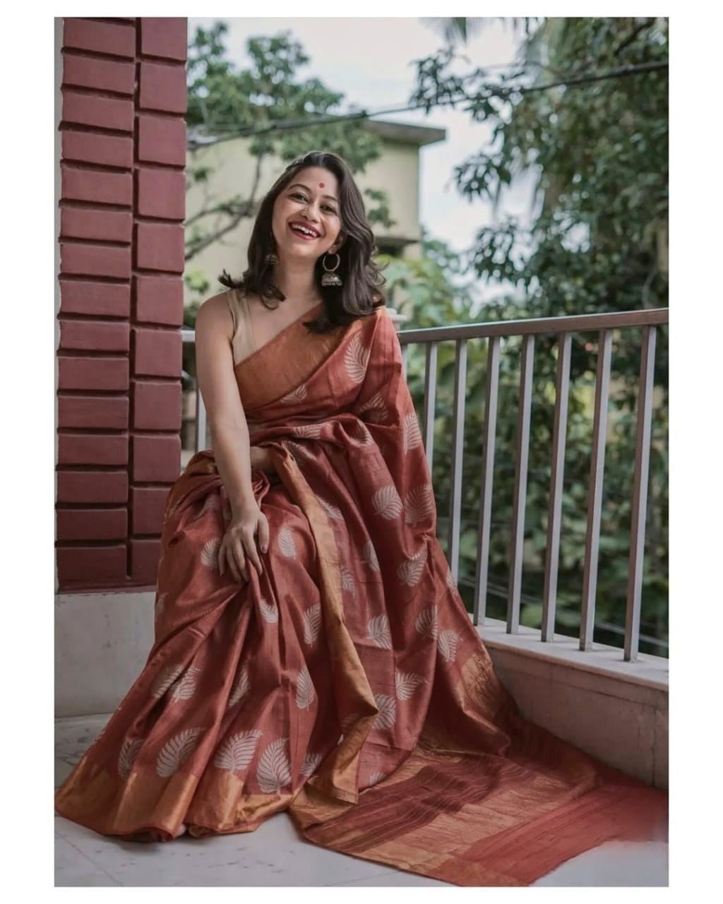 Reddish Brown Banarasi Soft Silk Saree with Copper Jari Weaving