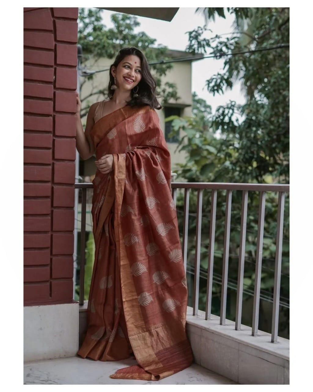 Reddish Brown Banarasi Soft Silk Saree with Copper Jari Weaving