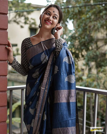 Dark Blue Banarasi Soft Silk Saree with Copper Jari Weaving