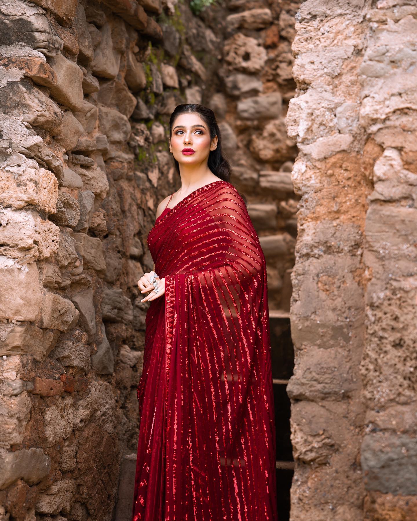 Red Georgette Saree with Embroidery Work Sequence Lace and Piping