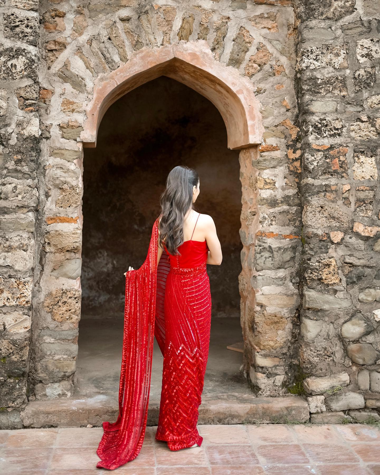 Red Georgette Saree with Embroidery Work Sequence Lace and Piping