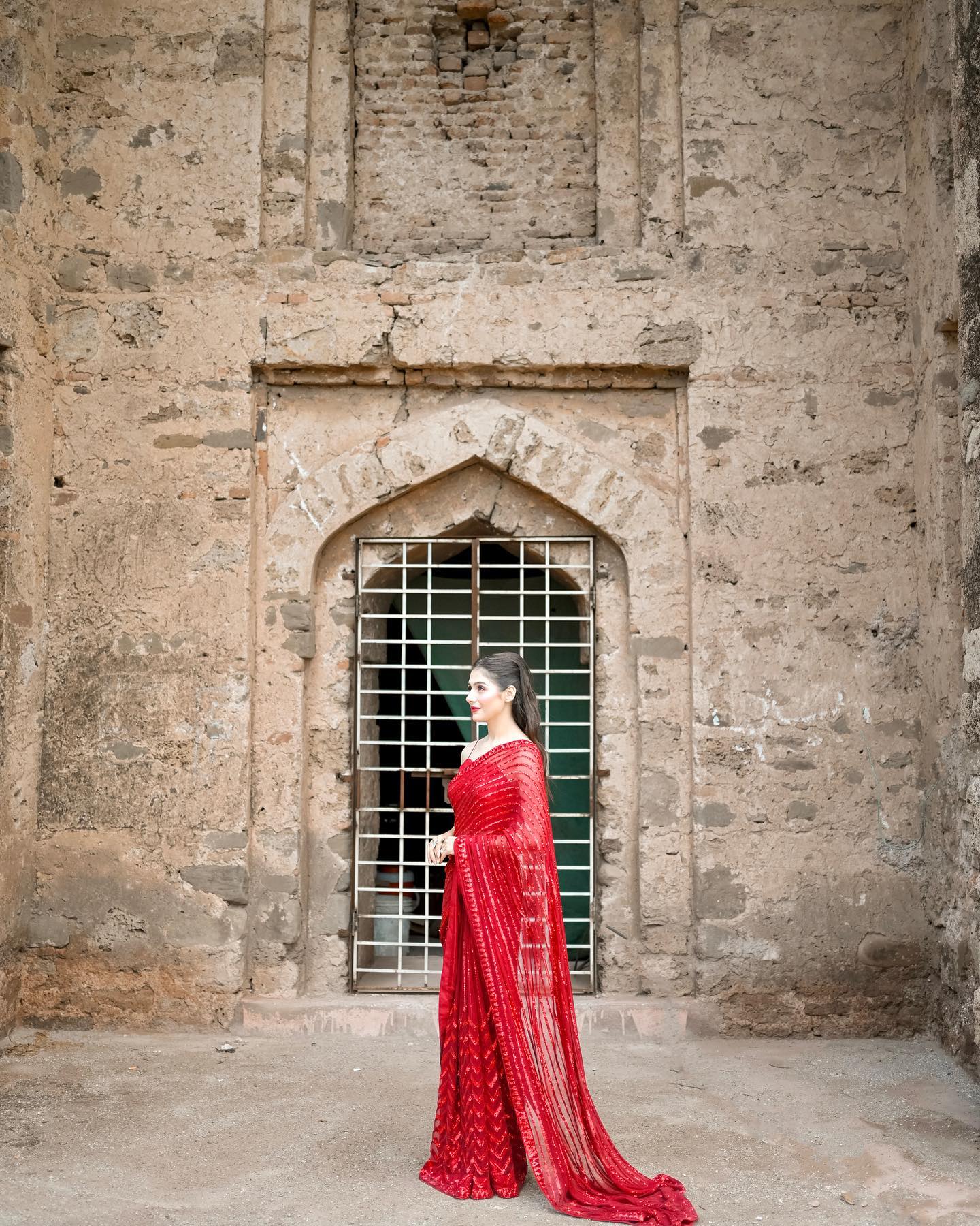 Red Georgette Saree with Embroidery Work Sequence Lace and Piping
