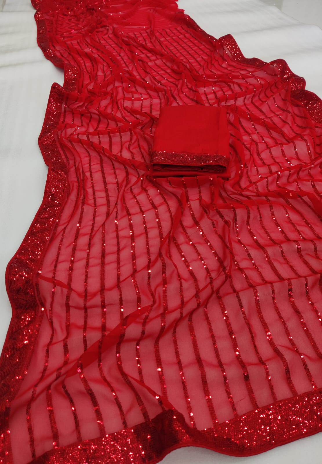Red Georgette Saree with Embroidery Work Sequence Lace and Piping