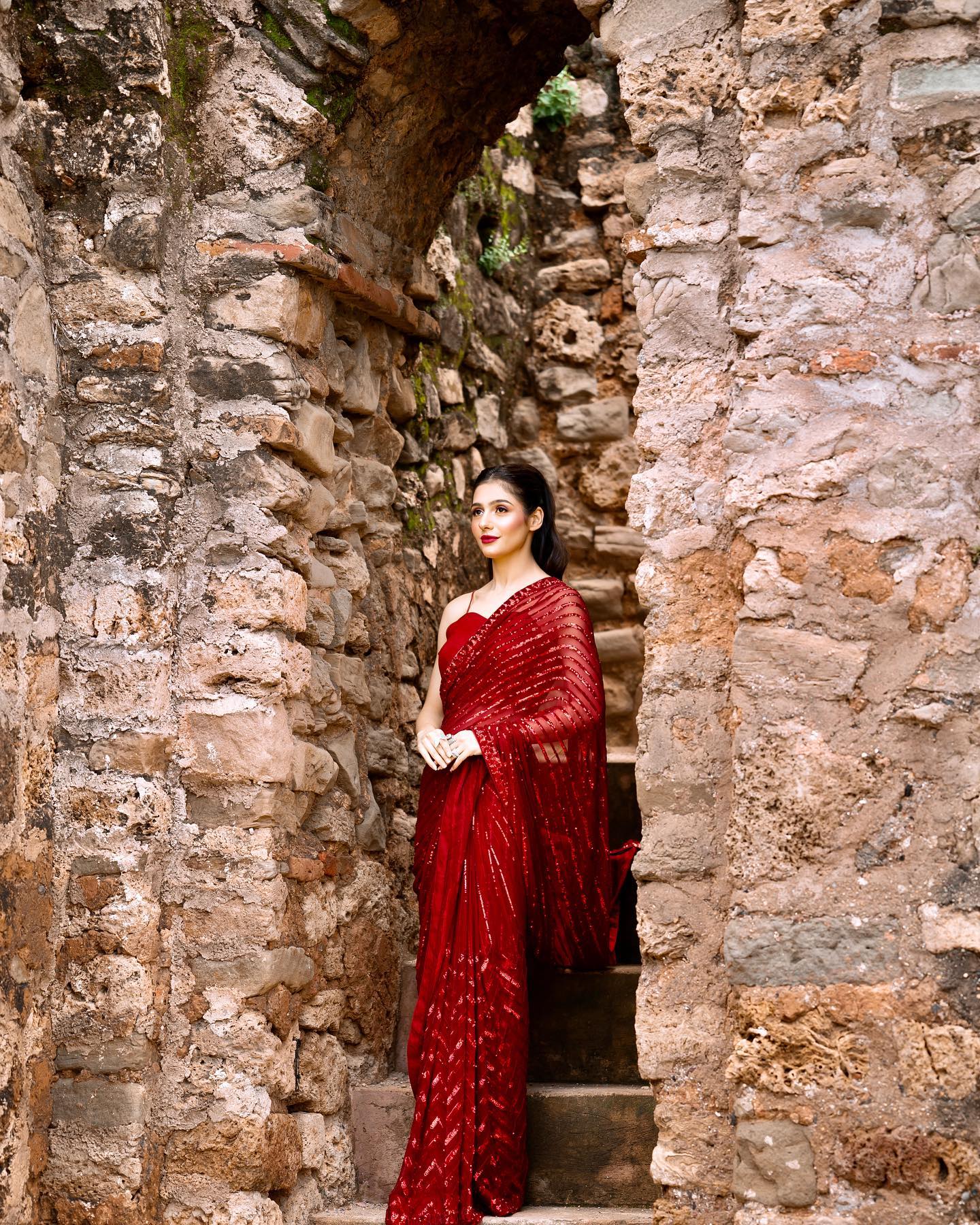 Red Georgette Saree with Embroidery Sequence Lace and Piping – Available