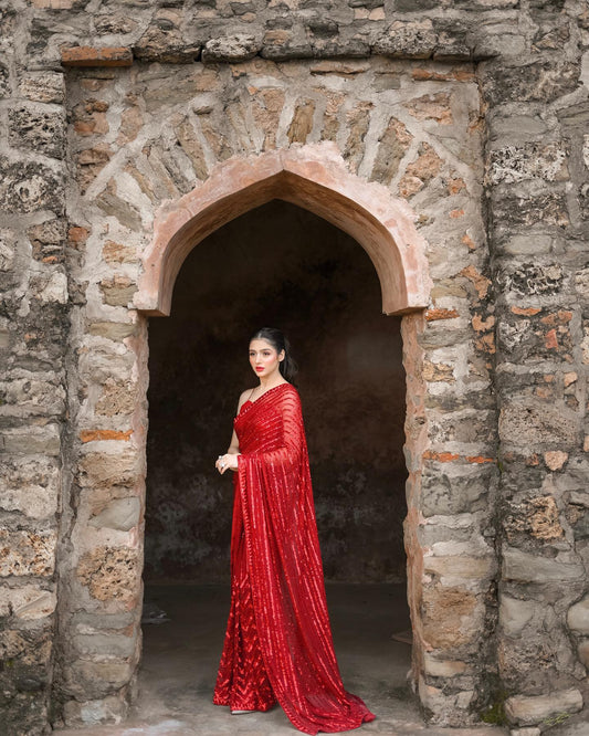 Red Georgette Saree with Embroidery Work Sequence Lace and Piping