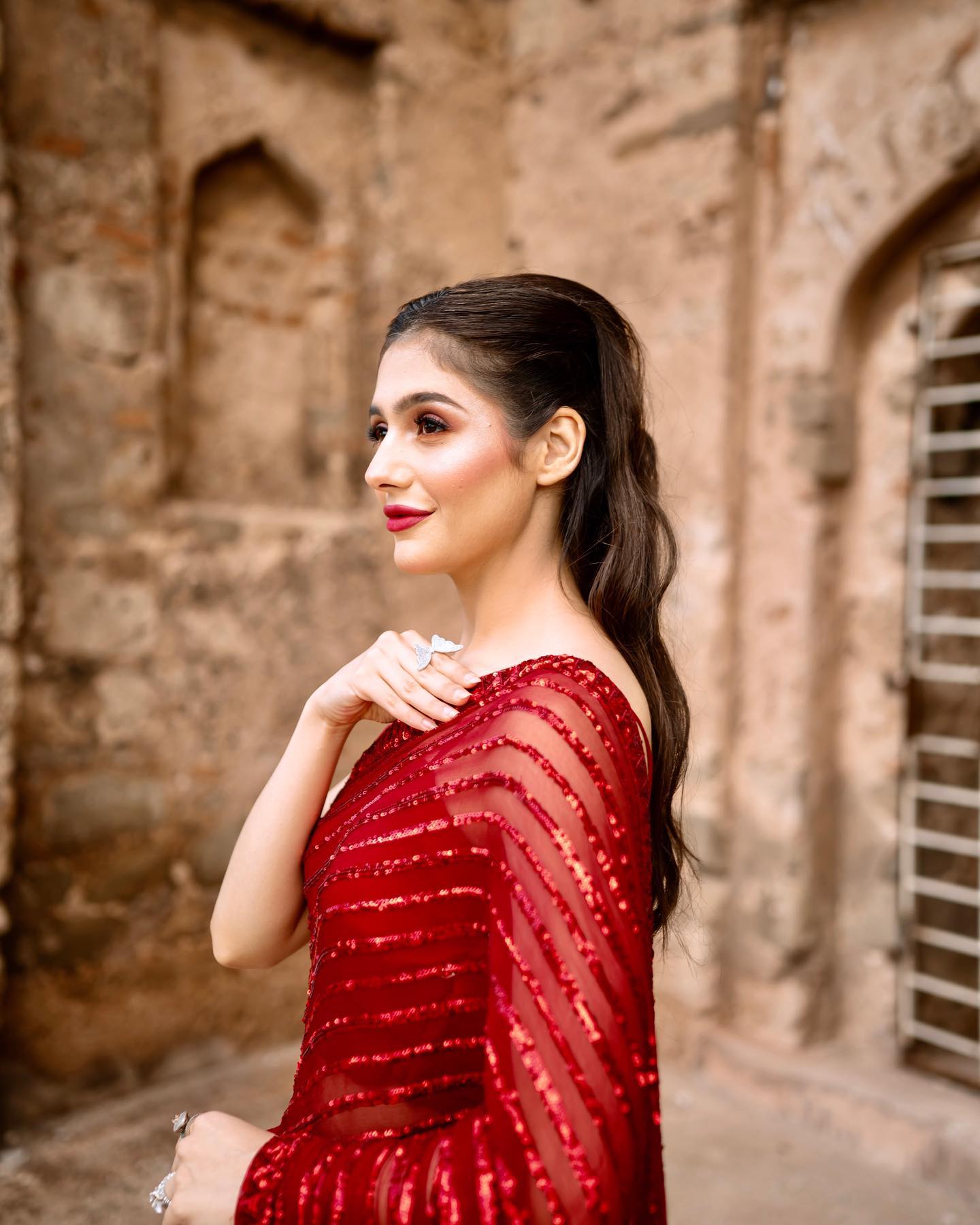 Red Georgette Saree with Embroidery Work Sequence Lace and Piping