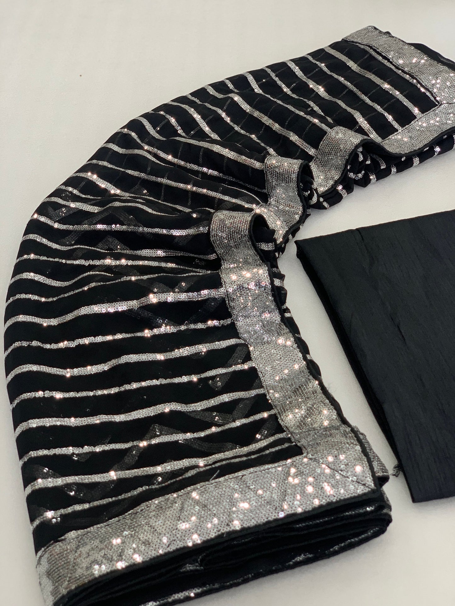 Black Georgette Saree with Sequins Work, Lace Border and Metti Piping