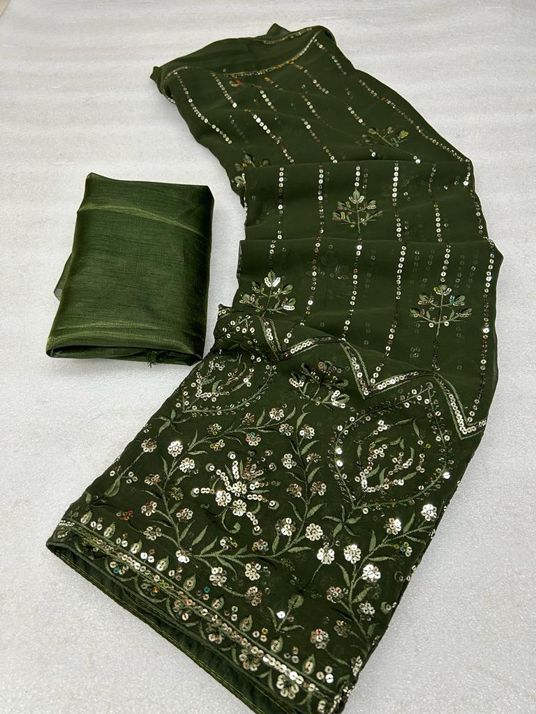 Dark Green Georgette Saree with Embroidery Sequence and Piping Lace