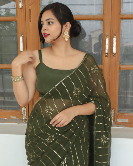 Dark Green Georgette Saree with Embroidery Sequence and Piping Lace