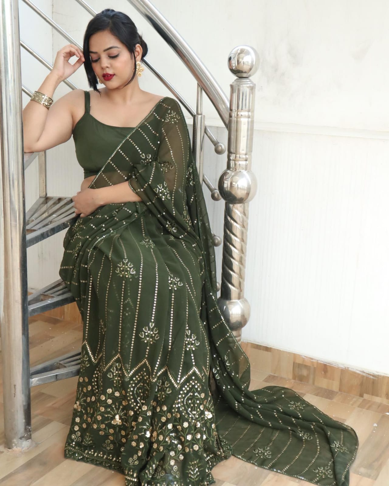 Dark Green Georgette Saree with Embroidery Sequence and Piping Lace