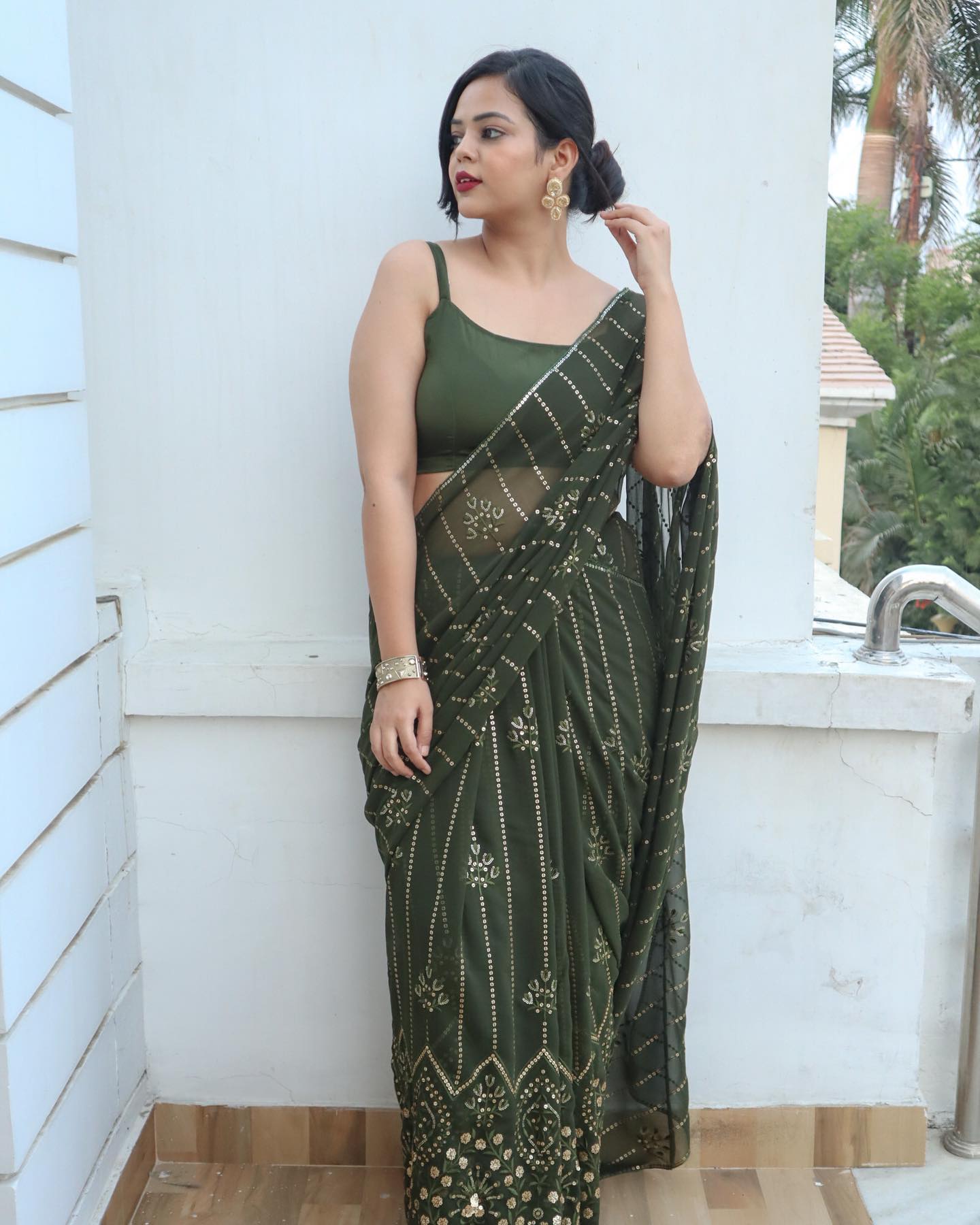 Dark Green Georgette Saree with Embroidery Sequence and Piping Lace