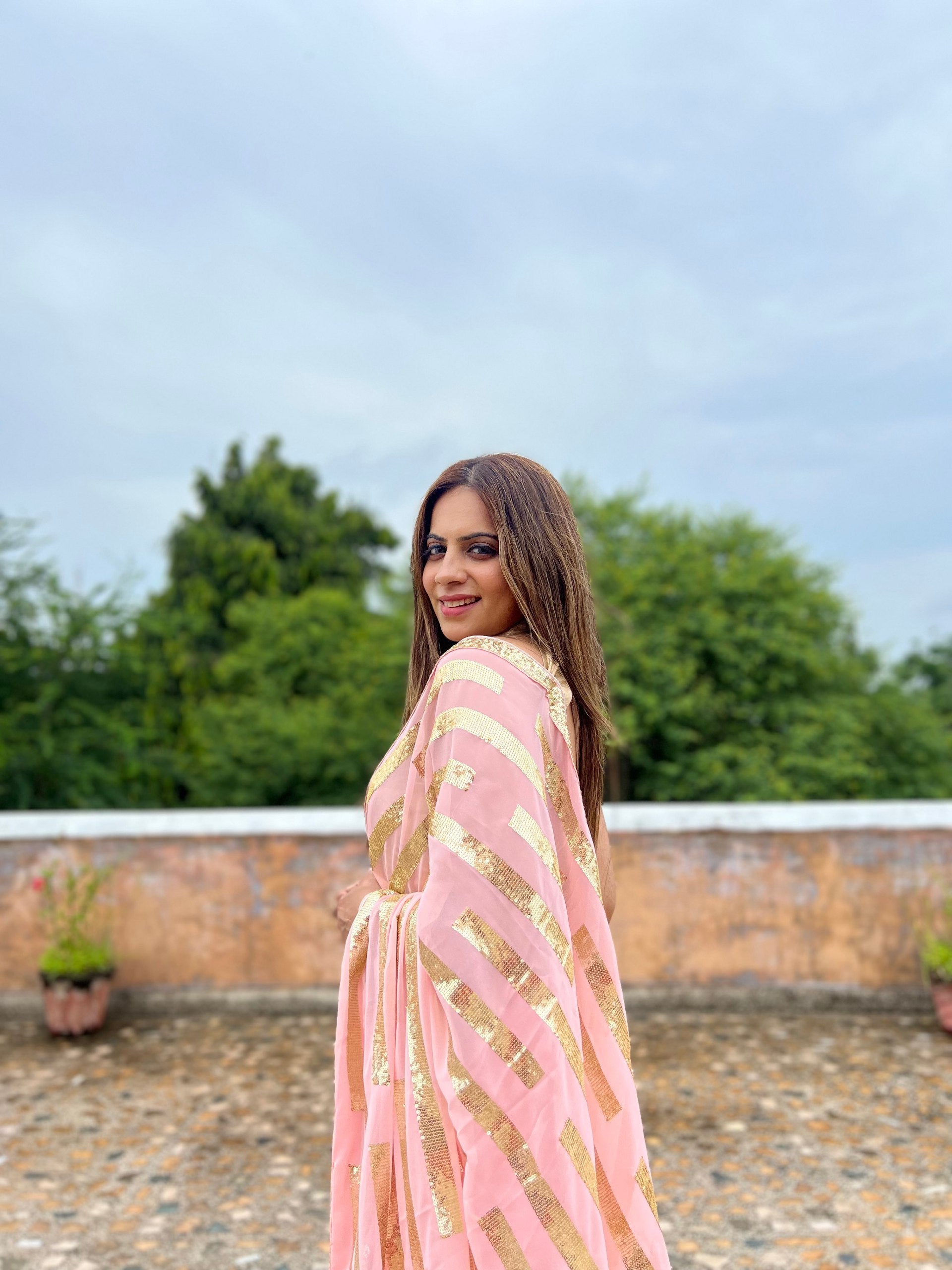 Pink Georgette Saree with All Over Embroidery and Sequins – Available