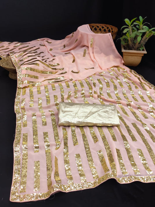Pink Georgette Saree with Embroidery Sequence and Sequence Lace