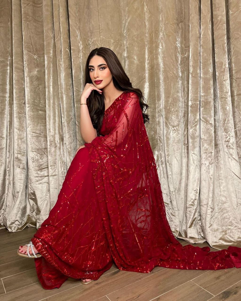 Red Georgette Saree with Embroidery Sequence Lace and Piping