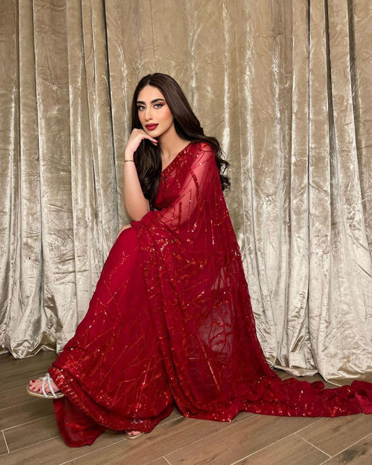 Red Georgette Saree with Embroidery Sequence Lace and Piping