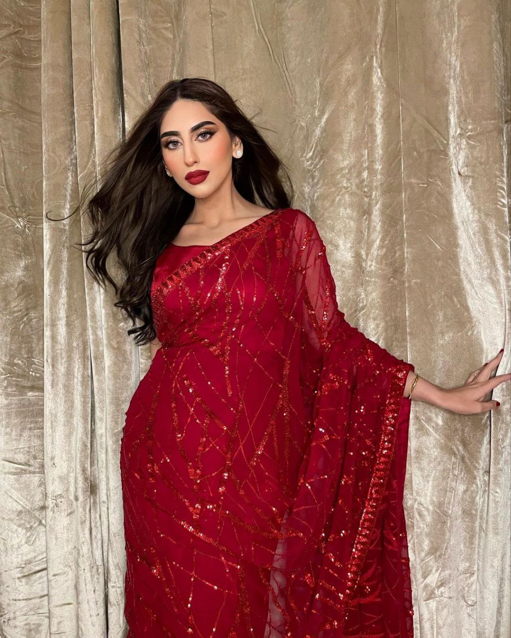 Red Georgette Saree with Embroidery Sequence Lace and Piping