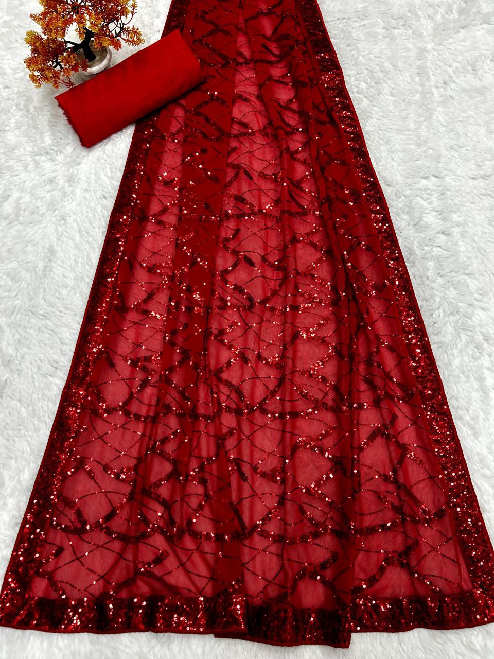 Red Georgette Saree with Embroidery Sequence Lace and Piping
