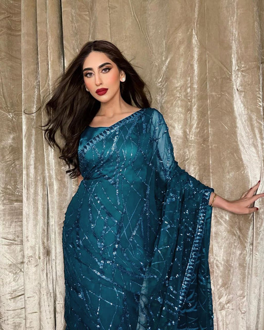 Petrol Georgette Saree with Embroidery Sequence Lace and Piping