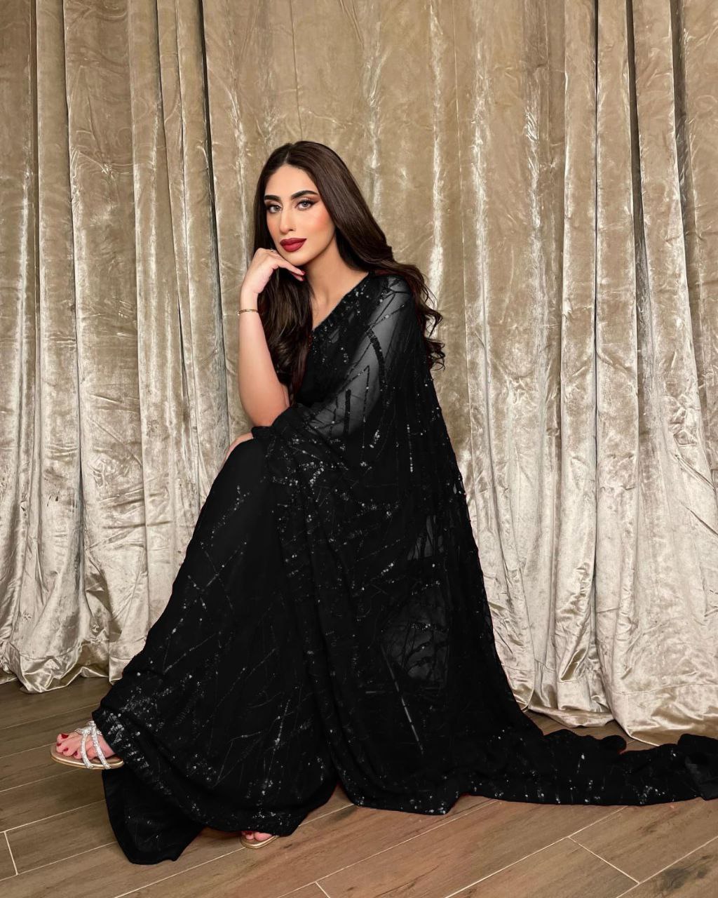 Black Georgette Saree with Embroidery Sequence Lace and Piping