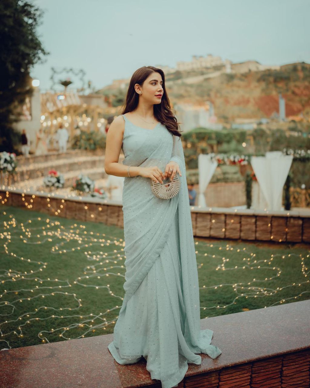Pastel Blue Georgette Saree with Heavy Sirosky Work and Support Lace