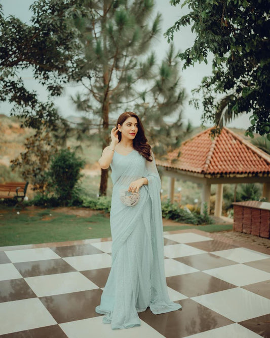 Pastel Blue Georgette Saree with Heavy Sirosky Work and Support Lace