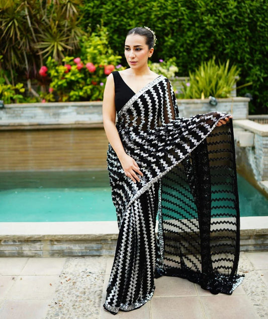 Black Georgette Saree with Embroidery Sequence Work and Lace – Available