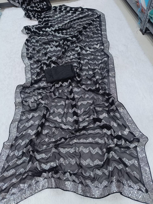 Black Georgette Saree with Embroidery Sequence Work and Sequence Lace