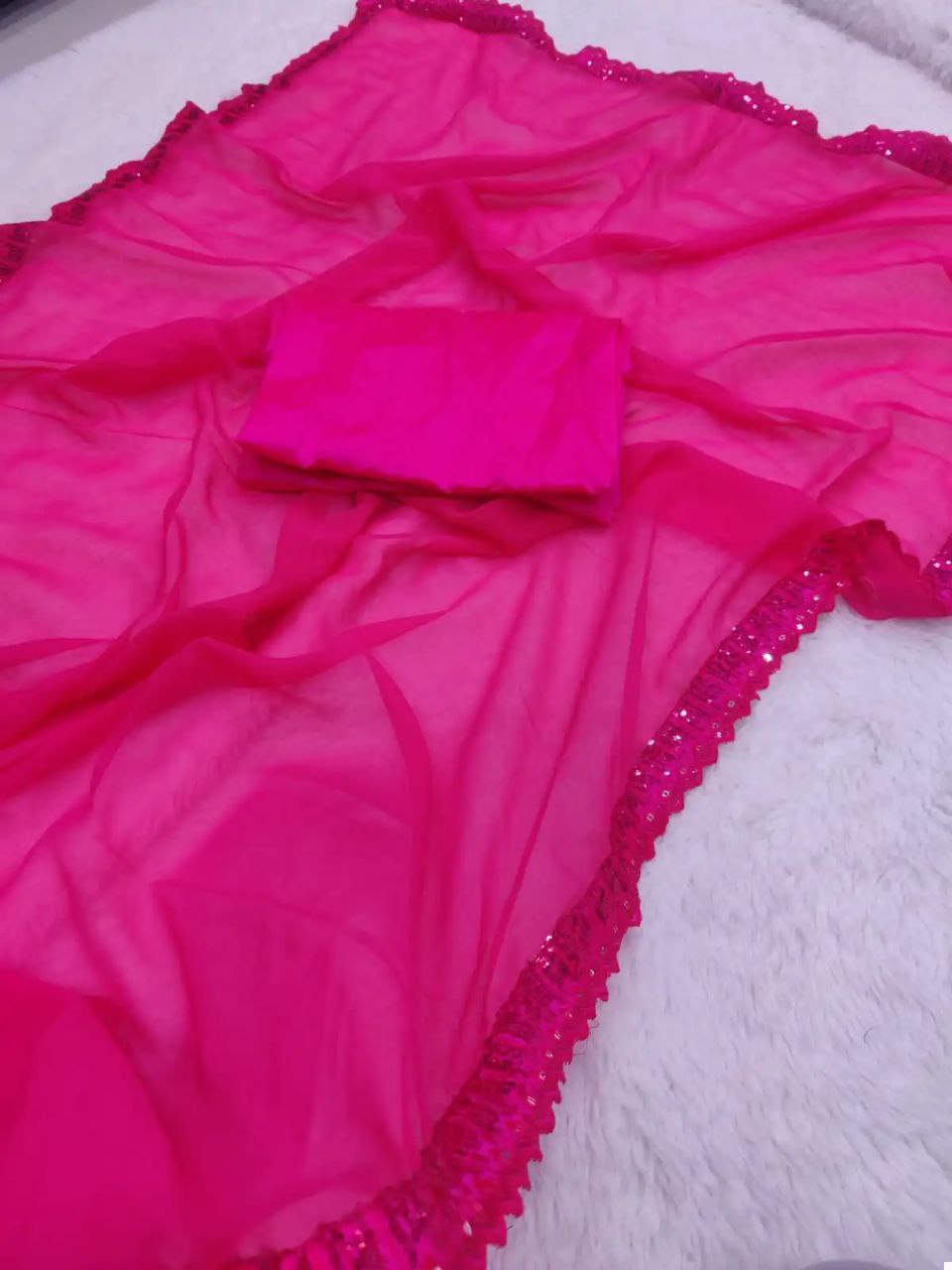 Rani Georgette Saree with Embroidery Dual Sequence Lace and Cutwork