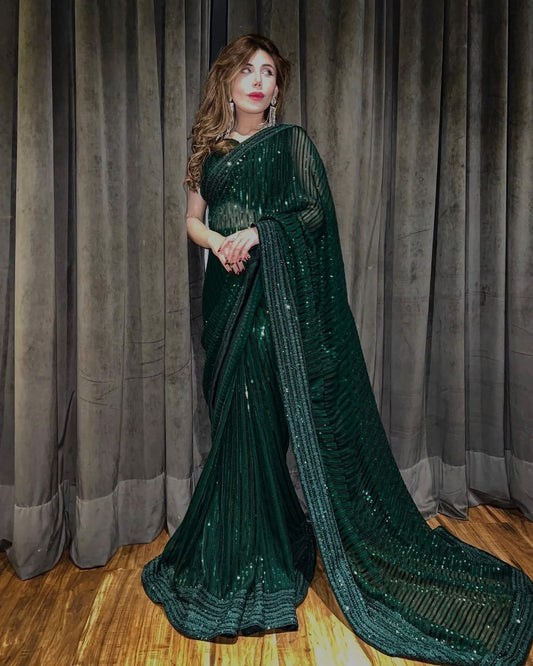 Dark Green Fox Georgette Saree with Lace and Embroidery – Available