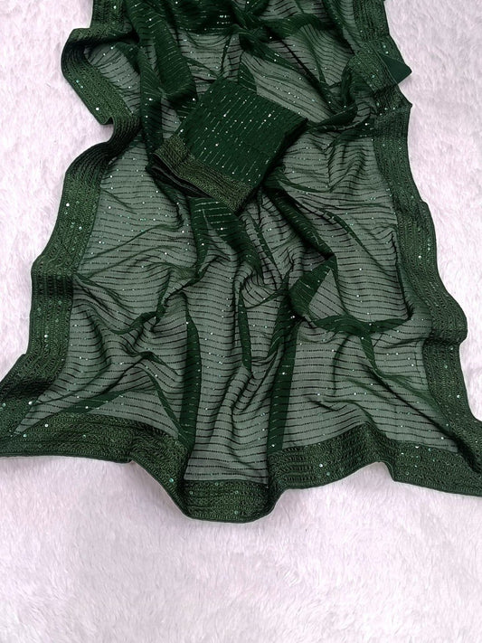Dark Green Fox Georgette Saree with Embroidery Sequence Work and Lace