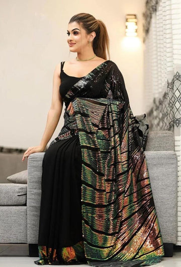 Black Georgette Saree with Embroidery and Sequence Border – Available