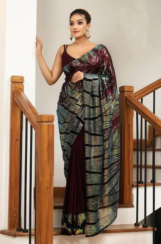 Wine Georgette Saree with Embroidery Sequence Work and Sequence Lace