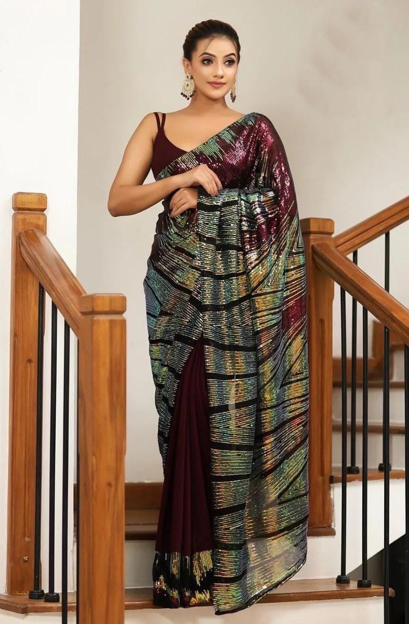 Wine Georgette Saree with Sequence Lace – Available