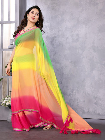 "Pink-Brown-Yellow Faux Peding Saree with Cording Lace and Pompoms – Available"