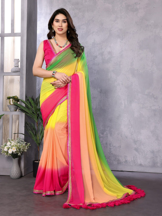 Pink-brown-yellow Faux Peding Georgette Saree with Multi-cording sequence lace and big pompoms