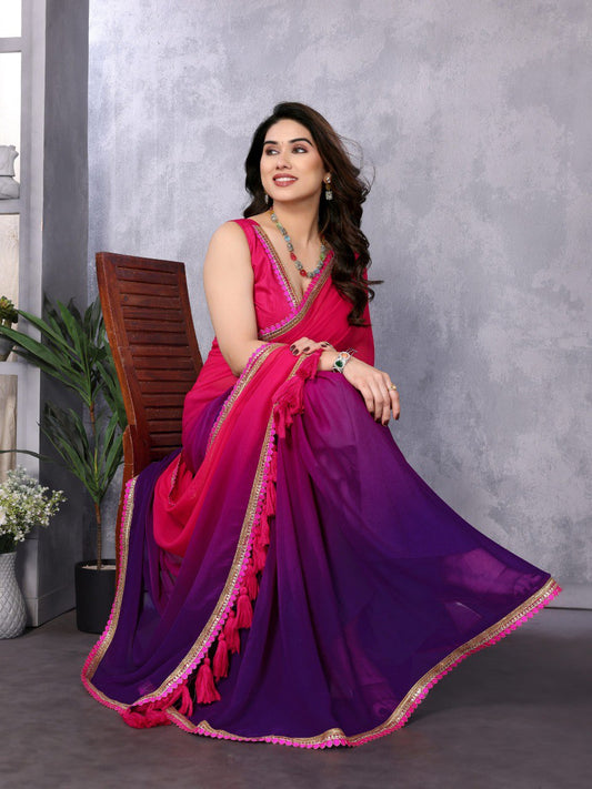 Dark Gradient Pink Faux Peding Georgette Saree with Multi-cording sequence lace and big pompoms