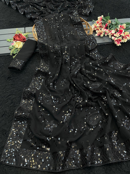 Black Georgette Saree with Embroidery Sequence Work and Sequence Work Lace
