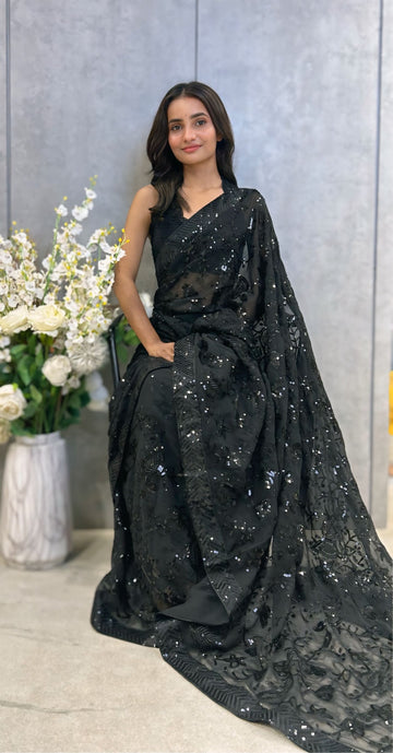 Black Georgette Saree with Dual Sequence Work – Available