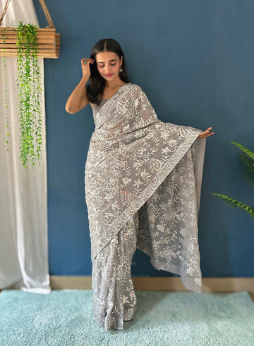 Gray Georgette Saree with Embroidery Sequence and Lace – Available