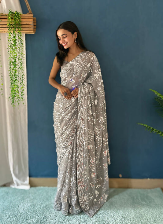 Gray Georgette Saree with Embroidery Sequence Work and Sequence Lace