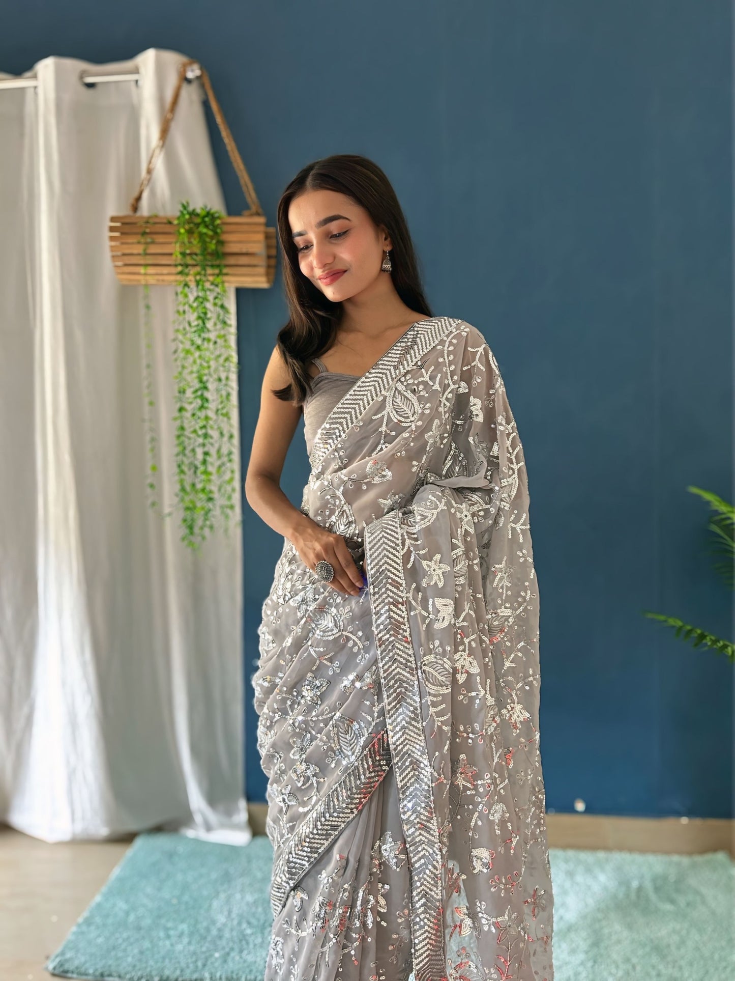 Gray Georgette Saree with Embroidery Sequence Work and Sequence Lace